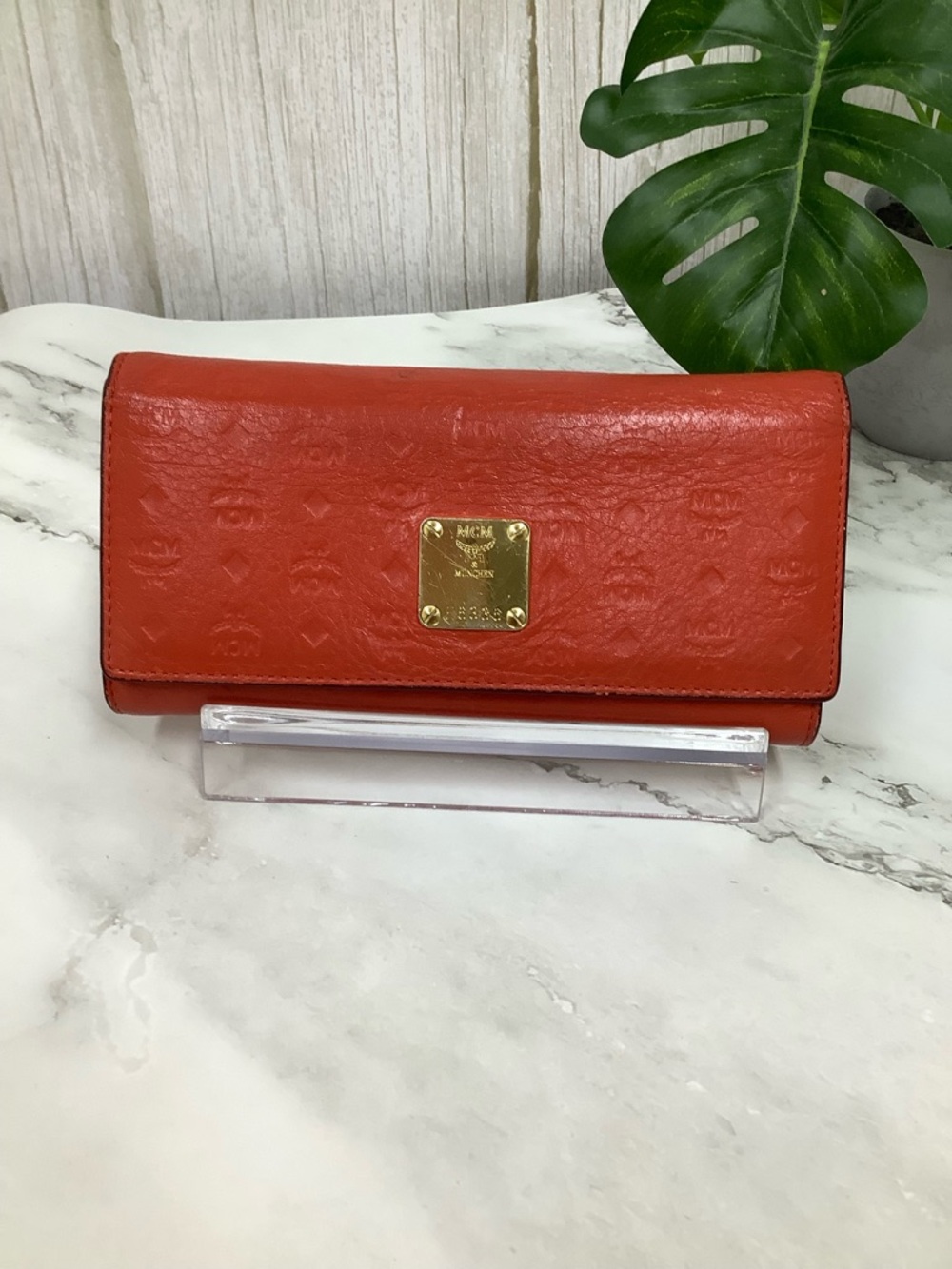 GUC MCM Orange Embossed Leather Continental Wallet with Gold Plaque